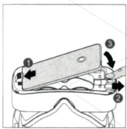 Diagram of a VR headset with labeled parts including screen, lens, and head assembly