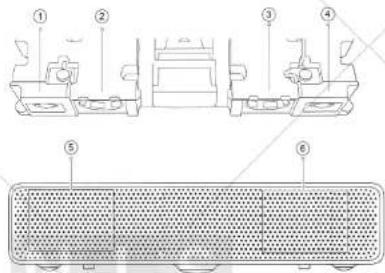 Technical diagram showing labeled components of a vehicle or enclosure, including front, side, and top views with numbered annotations.