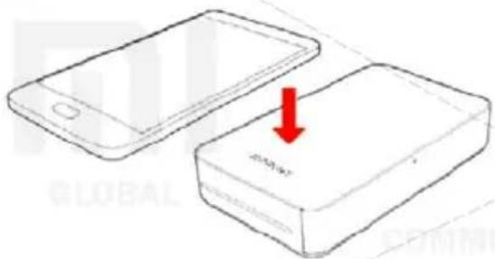 Diagram showing a smartphone and its internal device with a red arrow indicating the downward shift or change.