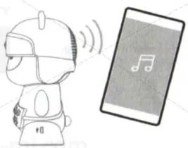 Cartoon robot with signal waves next to a smartphone displaying musical notes