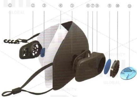 Exploded view diagram of a device with numbered parts and a global label, likely illustrating a mechanical or electronic assembly.