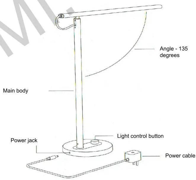 Angle - 135 degrees Main body Power jack Light control button Power cable