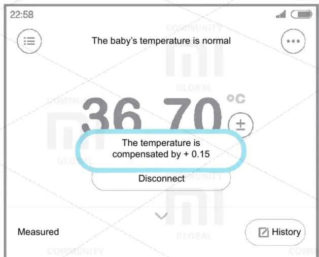 22:58 The baby's temperature is normal 36 70 °C The temperature is compensated by + 0.15 Disconnect Measured History