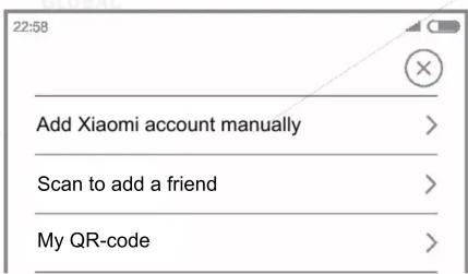 22:58 Add Xiaomi account manually > Scan to add a friend > My QR-code >
