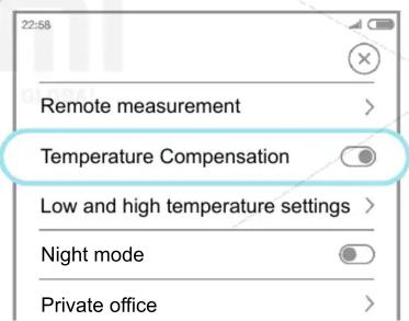 22:58 Remote measurement > Temperature Compensation Low and high temperature settings > Night mode Private office >