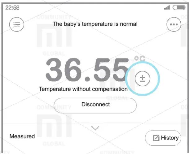 22:58 The baby's temperature is normal 36.55 Temperature without compensation Disconnect Measured History