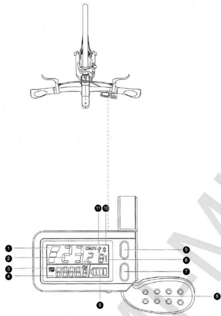 Technical diagram of a digital device with labeled parts including a tripod, LCD display, and control panel