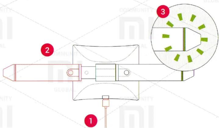 Technical diagram of a mechanical device with numbered components and a magnified inset showing green component distribution.