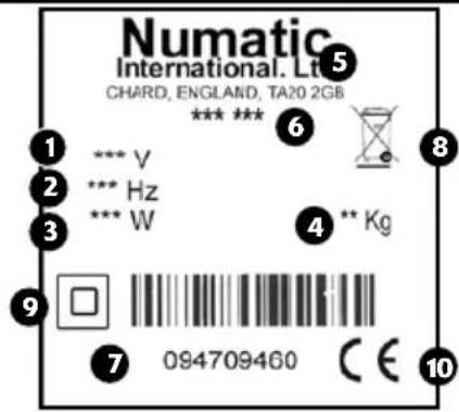 Numatic International. Lt 5 CHARD, ENGLAND, TA20 2GB *** *** 6 1 *** V 2 *** Hz 3 *** W 4 ** Kg 9 7 094709460 CE 10
