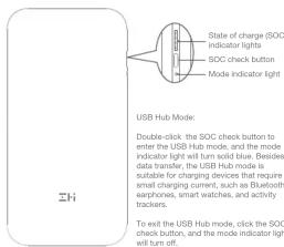 State of charge (SOC) Indicator lights SOC check button Mode indicator light USB Hub Mode: Double-click the SOC check button to enter the USB Hub mode, and the mode indicator light will turn solid blue. Besides data transfer, the USB Hub mode is suitable for charging devices that require small charging current, such as Bluetooth airphones, smart watches, and activity trackers. To exit the USB Hub mode, click the SOC check button, and the mode indicator light will turn off.