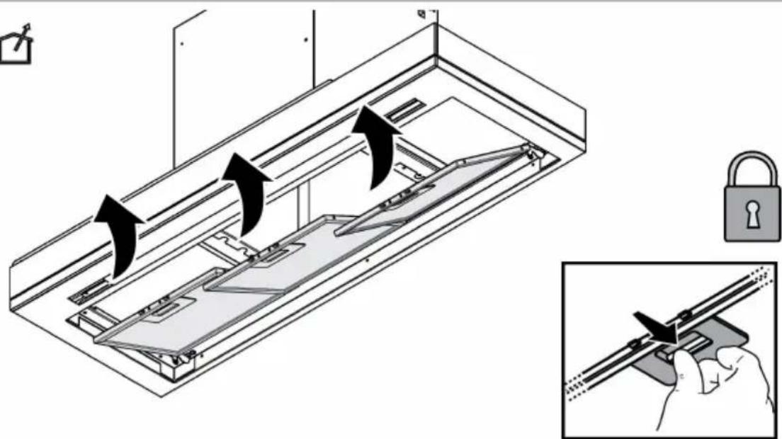 Diagram illustrating a mechanical assembly with directional arrows and a close-up of a hand using a tool, alongside a lock icon.