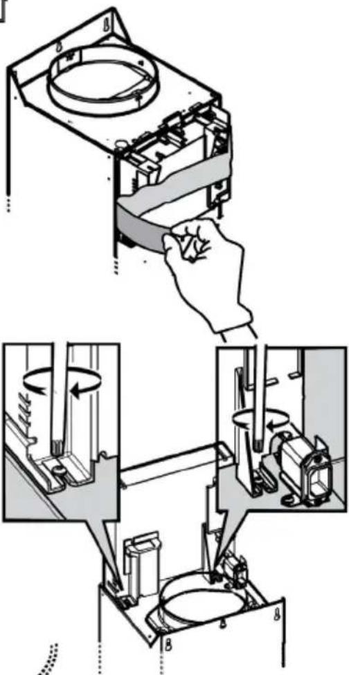 Technical diagram illustrating mechanical assembly steps with labeled components and directional arrows indicating motion or movement.