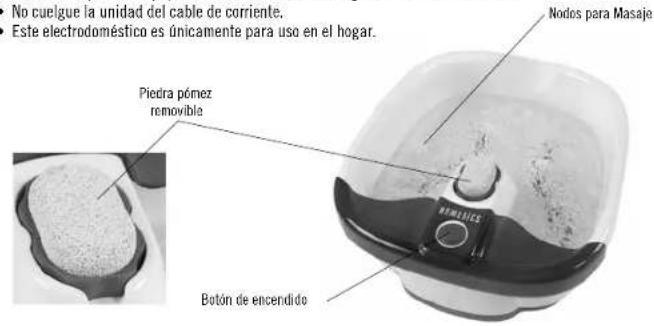 No cuelgue la unidad del cable de corriente. Este electrodoméstico es únicamente para uso en el hogar. Nodos para Masaje Piedra pómez removable Botón de encendido