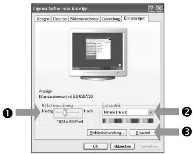 Eigenschaften von Anzeige Designs Desktop Bildschimscherer Darstellung Einstellungen Anzeige: (Standardmonitor) mit SIS 630/730 Bildschmaufösung Hoch 1024 x 768 Pixel Fatqualität Mittere (16 Bit) Probiembehandlung... Erweiter OK Abtrechen Opernehmen