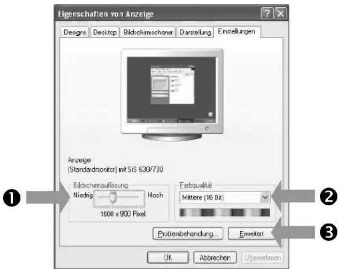 Ligenschaften von Anzeige Designs Desktop Bildschirnschoner Darstellung Einstellungen Anzeige (Standardmonitor) mit SiS 630/730 Bildschirnsaffösung Hoch Niedrig 1600 x 900 Pixel Farbqualität Mittere (16 Bit) Problembehandlung... Einwelts OK Abbrechen Ugemehmen