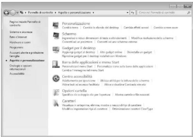 Pannello di controllo Aspetto e personalizzazione Pagine misale Pannello di controllo Sisterna e sicurezza Rete e Internet Hardware e suoni Programmi Account utente e protezione famiglia Aspetto e personalizzazione Orologio e opzioni internazionali Accessibility Personalizzazione Cambia tenna | Cambia lo sfondo del desktop | Cambia effetti sonori | Cambia screen saver Schermo Ingrandosi o riduci dimensioni di testo e altri elementi | Modifica risoluzione dello schermo Connetti ad un proiettore | Connetti ad una schermo esterno Gadget per il desktop Aggiunge gadget al desktop | Altri gadget online | Disinstalla un gadget Ripristine gadget per il desktop installati con Windows. Barra delle applicazioni e menu Start Personalizza il menu Start | Personalizza icone sulla barra delle applicazioni Cambia l'immagine nel menu Start Centro accessibilità Adattamento per ipovizione | Utilizza utilità per la lettura dello schermo Attiva testi ad accesso facilitato | Attiva o disattiva Contesto elevato Opzioni cartella Specifica clic o doppie clic per l'apertura | Mostra cartella e file nasceati Caratteri Visualizza in anteprime, elimina, mostre o nascondi tipi di carattere Modifica impostazioni tipi di carattere | Ottimizzazione caratteri ClearType