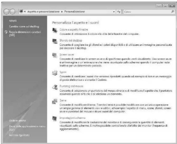 Aspetto e personizzazione ▶ Personalizzazione ▶ Cenzo Personalienza l'aspetto e i suoni Colore e aspetto finestre Consente di utilizzare il colore e lo utile delle finestre del computer. Sfondo del desktop Consente di scegliere tra gli sfondi e i colori disponibili o di utilizzare un immagine personalizzata per decorare il desktop. Screen saver Consente di cambiare lo screen saver o di specificare quando verrà visualizzato. Uno screen saver e un'immagine o un'animazione che viene visualizzate sullo schermo quando il computer resta inattivo per un determinato periodo. Suoni Consente di cambiare i suoni che verranno riprodotti quando ad esempio si riceve un messaggio di posta elettronica o si svuola il Cestino. Puntatore del mouse Consente di selezionate un puntatore del mouse diverso e di modificare l'aspetto che il puntatore assumera quando si fe clic o si selezione un elemento. Terna Consente di modificare il tema. Triemite i temi è possibile modificare con un'unice operazione un ampia gamma di elementi visori e uditi, ad esempio l'aspetto di menu, icone, sfondi, screen saver e puntatori del mouse e alcuni suoni del computer. Impostazioni schermo Consente di modificare la soluzione del monitor e di conseguenza la quantità di elementi visualizzato sullo schermo. È inoltre possibile controlliere lo sfarffallo del monitor (frequenza di aggiornamento).