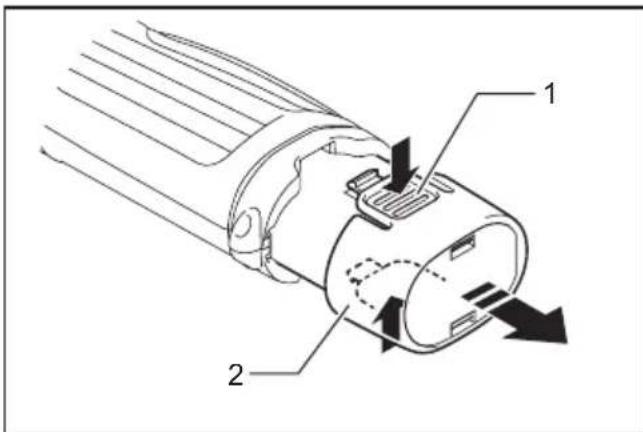 Technical diagram of a mechanical device with labeled parts 1 and 2, showing directional arrows indicating movement or flow.