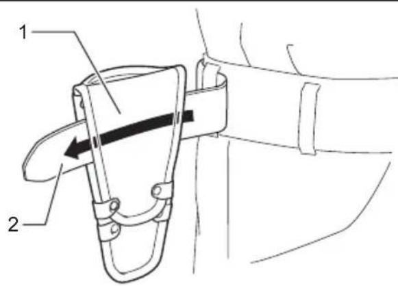 Technical diagram showing a mechanical clamp or bracket with labeled parts 1 and 2, and an arrow indicating direction.
