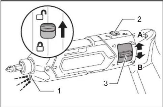 Technical diagram of a mechanical device with labeled parts and an inset showing a lock mechanism and directional arrows.
