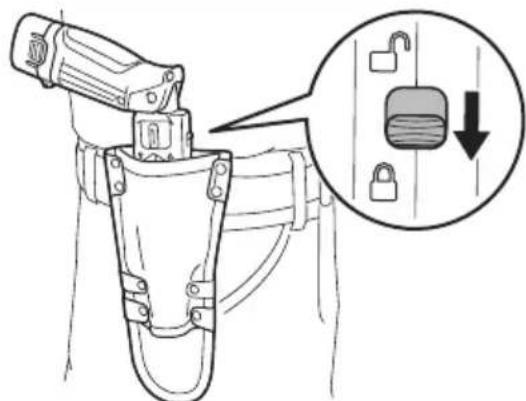 Diagram showing a mechanical device with an open lock and a magnified inset highlighting the lock mechanism.