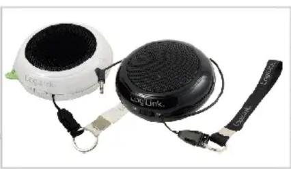 Two Log Link devices with black and white speaker modules, one connected via a keychain and the other with a strap (no visible text or symbols)