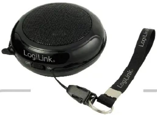 Black LogiLink portable speaker with attached strap (no visible text or symbols on device body)