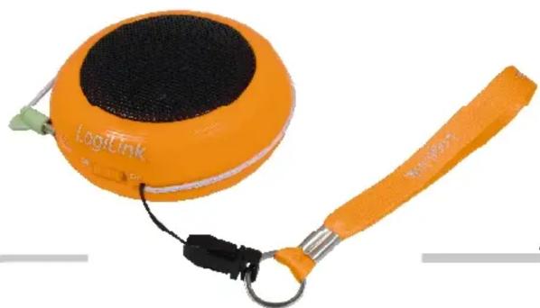 Orange Logitink device with black speaker and orange wrist strap, no visible text or symbols on the device itself.