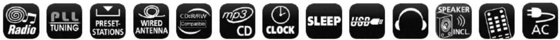 Radio PLL TUNING PRESET- STATIONS WIRED ANTENNA CD:RR/RW [Compatible] mp3 CD CLOCK SLEEP USB SPEAKER INCL. AC