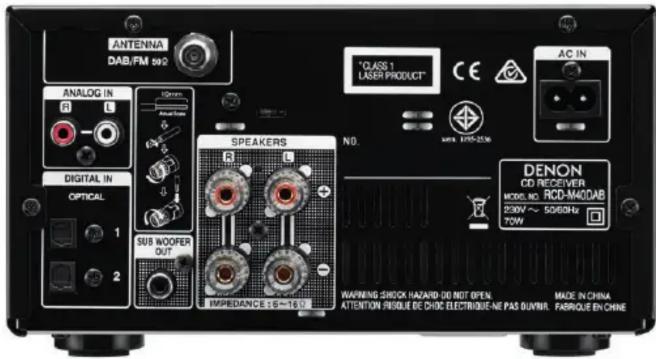 ANTENNA DAB/FM 092 ANALOG IN DIGITAL IN OPTICAL 1 2 SPEAKERS SUB MOOFER OUT IMPEDANCE-15=150 NO. "CLASS 1 LASER PRODUCT" AC IN DENON CD RECEIVER MODEL NO: ROD-M40DAB 230V ~ 5060Hz 70W WARNING SHOCK HAZARD DO NOT OPEN. ATTENTION PASQUE DE DIOC ELECTRIQUE-NE PAS DUVWR. MADE IN CHINA PARRIQUE EN CHINE