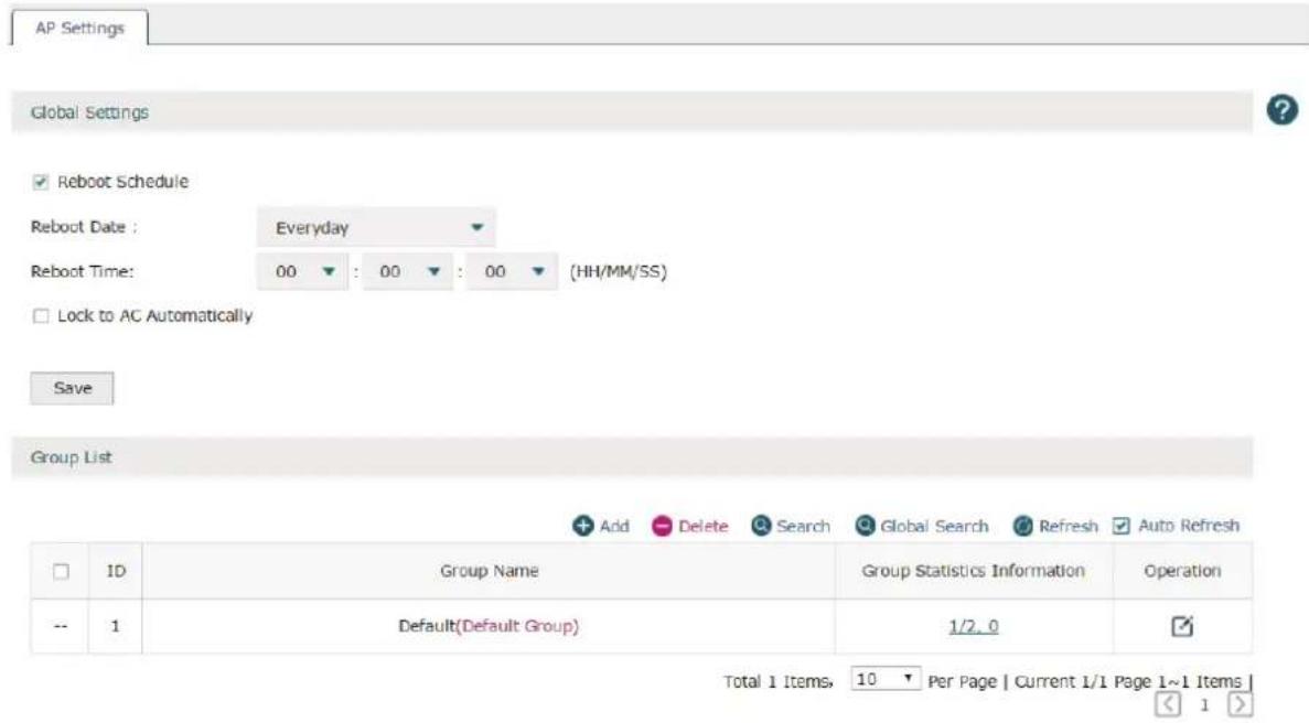 AP Settings Global Settings Reboot Schedule Reboot Date : Everyday Reboot Time: 00 : 00 : 00 (HH/MM/SS) Lock to AC Automatically Save Group List Add Delete Search Global Search Refresh Auto Refresh ID Group Name Group Statistics Information Operation -- 1 Default(Default Group) 1/2.0 Total 1 Items, 10 Per Page | Current 1/1 Page 1~1 Items |