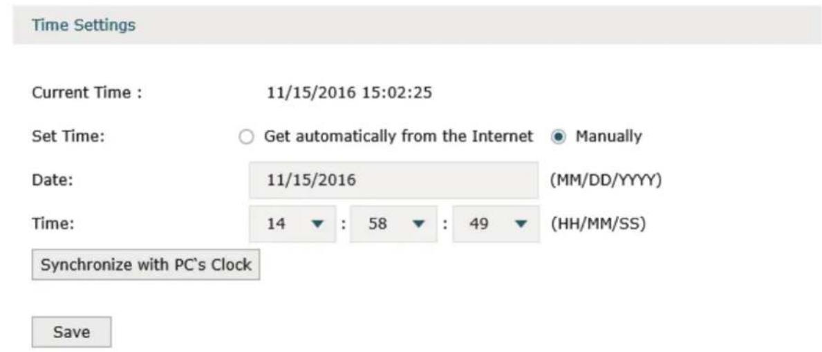 Time Settings Current Time : 11/15/2016 15:02:25 Set Time: ○ Get automatically from the Internet ● Manually Date: 11/15/2016 (MM/DD/YYYY) Time: 14 ▼ : 58 ▼ : 49 ▼ (HH/MM/SS) Synchronize with PC's Clock Save