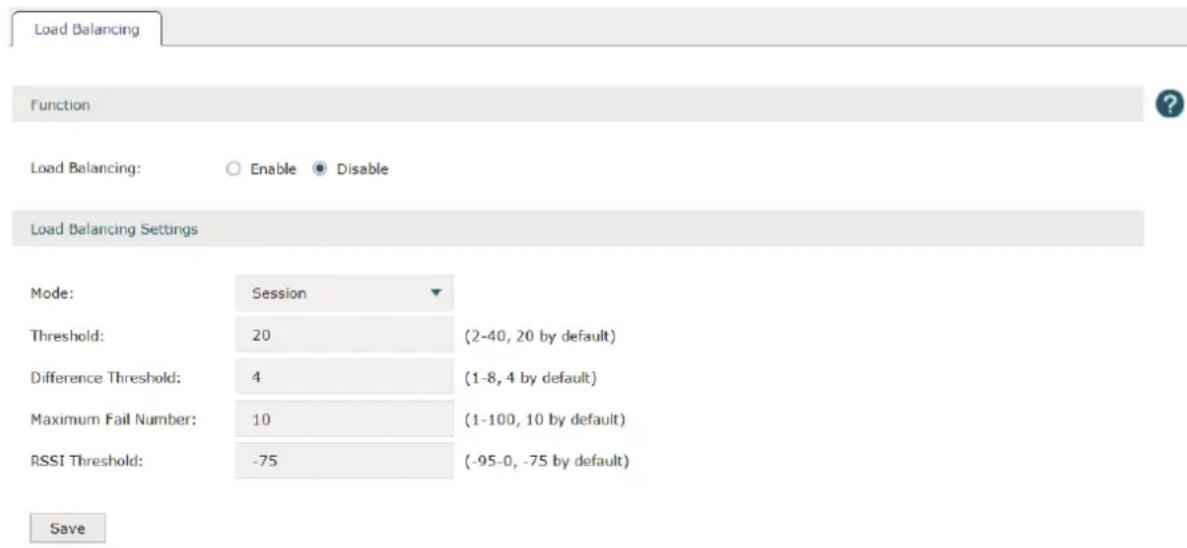 Load Balancing Function Load Balancing: ○ Enable ● Disable Load Balancing Settings Mode: Session Threshold: 20 (2-40, 20 by default) Difference Threshold: 4 (1-8, 4 by default) Maximum Fail Number: 10 (1-100, 10 by default) RSSI Threshold: -75 (-95-0, -75 by default) Save