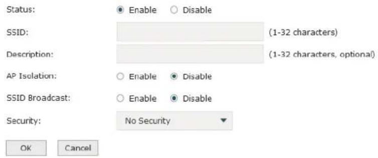 Status: Enable Disable SSID: (1-32 characters) Description: (1-32 characters, optional) AP Isolation: Enable Disable SSID Broadcast: Enable Disable Security: No Security OK Cancel