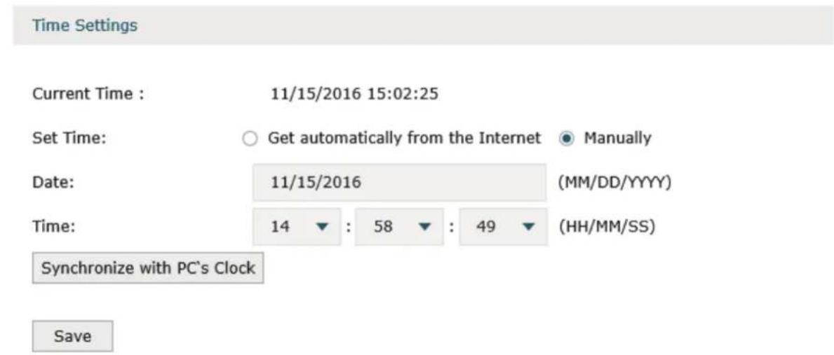 Time Settings Current Time : 11/15/2016 15:02:25 Set Time: ○ Get automatically from the Internet ● Manually Date: 11/15/2016 (MM/DD/YYYY) Time: 14 ▼ : 58 ▼ : 49 ▼ (HH/MM/SS) Synchronize with PC's Clock Save