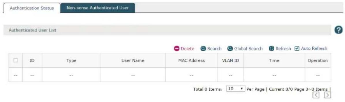 Authentication Status Non-sense Authenticated User Authenticated User List ID Type User Name MAC Address VLAN ID Time Operation -- -- -- -- -- -- Total 0 Items. 10 Per Page | Current 0/0 Page 0~0 Items