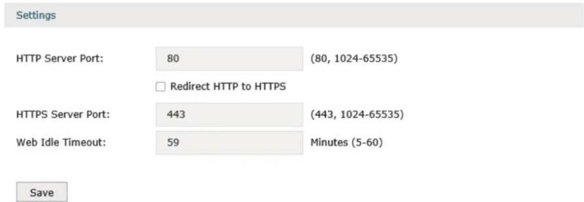 Settings HTTP Server Port: 80 (80, 1024-65535) Redirect HTTP to HTTPS HTTPS Server Port: 443 (443, 1024-65535) Web Idle Timeout: 59 Minutes (5-60) Save
