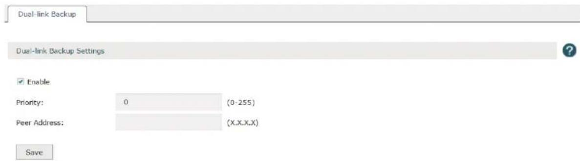 Dual-link Backup Dual-link Backup Settings Enable Priority: 0 (0-255) Peer Address: (X.X.X.X) Save