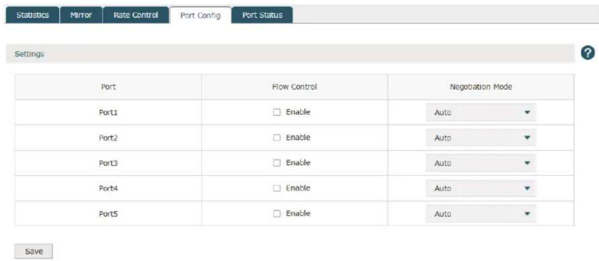 Statistics Mirror Rate Control Port Config Port Status Settings Port Flow Control Negotiation Mode Port1 Enable Auto Port2 Enable Auto Port3 Enable Auto Port4 Enable Auto Port5 Enable Auto Save
