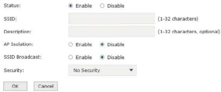 Status: Enable Disable SSID: (1-32 characters) Description: (1-32 characters, optional) AP Isolation: Enable Disable SSID Broadcast: Enable Disable Security: No Security OK Cancel