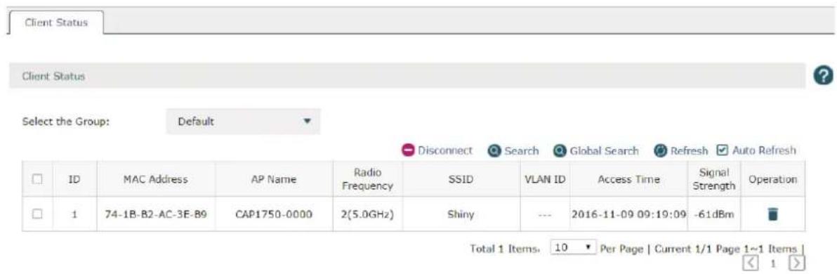 Client Status Client Status Select the Group: Default ID MAC Address AP Name Radio Frequency SSID VLAN ID Access Time Signal Strength Operation 1 74-1B-B2-AC-3E-B9 CAP1750-0000 2(5.0GHz) Shiny --- 2016-11-09 09:19:09 -61dBm Total 1 Items: 10 Per Page | Current 1/1 Page 1~1 Items |