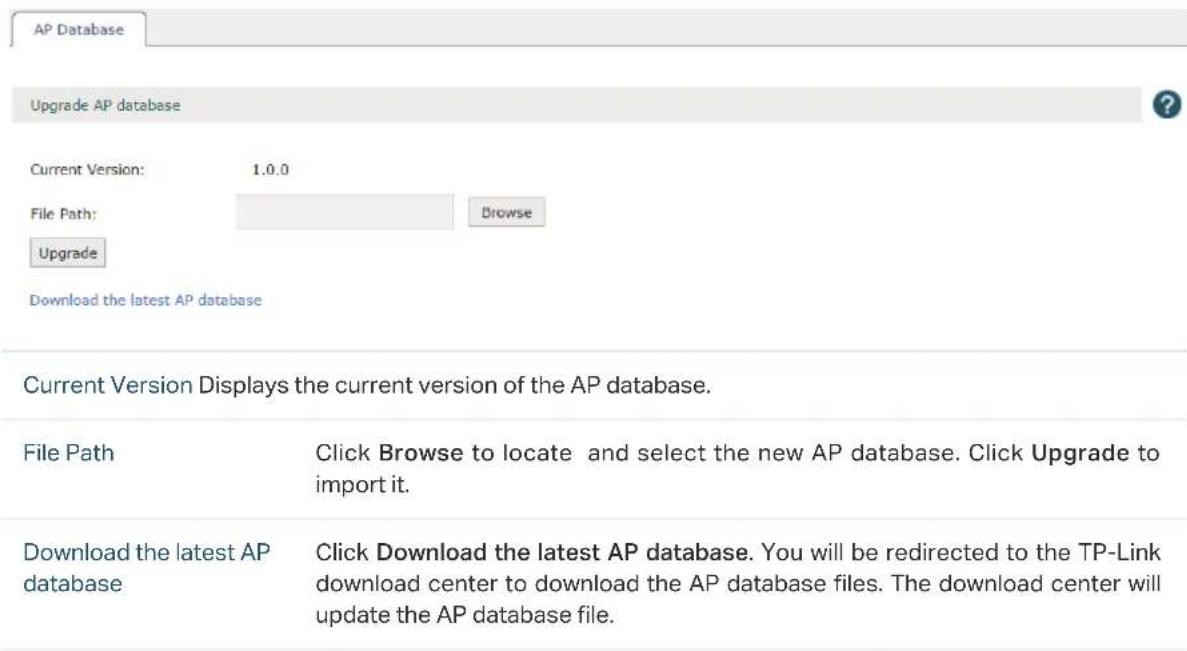 AP Database Upgrade AP database Current Version: 1.0.0 File Path: Browse Upgrade Download the latest AP database Current Version Displays the current version of the AP database. File Path Click Browse to locate and select the new AP database. Click Upgrade to import it. Download the latest AP database Click Download the latest AP database. You will be redirected to the TP-Link download center to download the AP database files. The download center will update the AP database file.