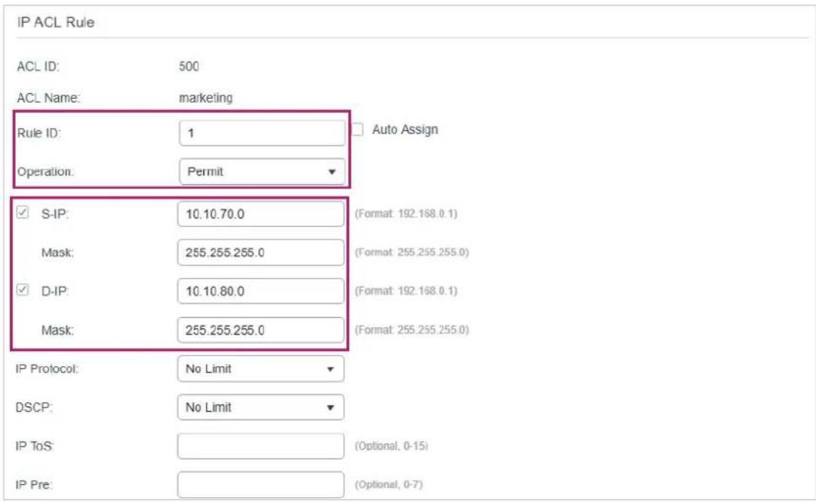 TP-LINK Omada TL-SG2008P - 4) Configure rule 1 to permit packets with the source IP address 10.10.70.0/24 and destination IP address 10.10.80.0/24. - 1
