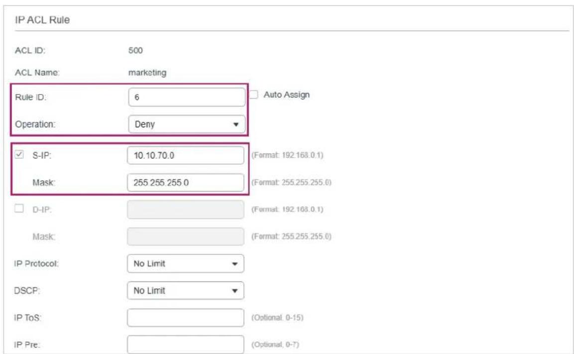TP-LINK Omada TL-SG2008P - 4) Configure rule 1 to permit packets with the source IP address 10.10.70.0/24 and destination IP address 10.10.80.0/24. - 6