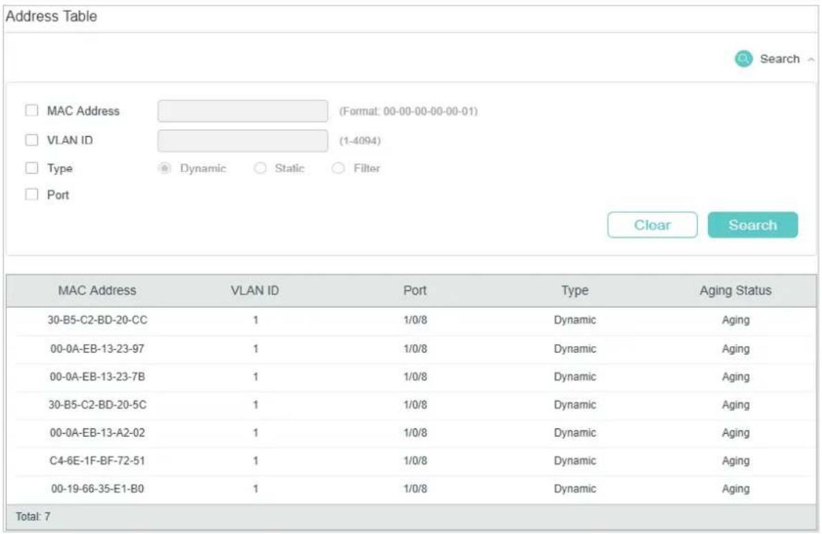 TP-LINK Omada TL-SG2008P - Viewing Address Table Entries - 2