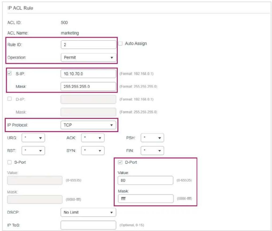 TP-LINK Omada TL-SG2008P - 4) Configure rule 1 to permit packets with the source IP address 10.10.70.0/24 and destination IP address 10.10.80.0/24. - 2