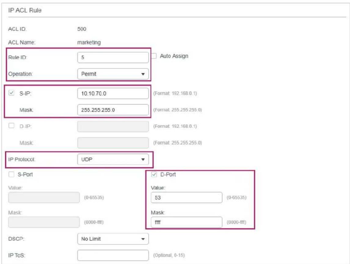 TP-LINK Omada TL-SG2008P - 4) Configure rule 1 to permit packets with the source IP address 10.10.70.0/24 and destination IP address 10.10.80.0/24. - 5