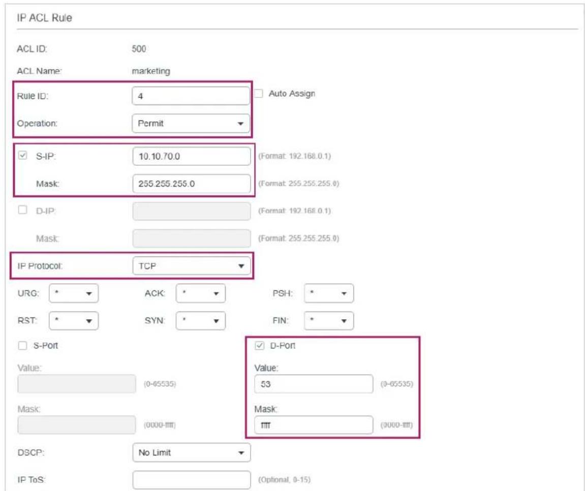TP-LINK Omada TL-SG2008P - 4) Configure rule 1 to permit packets with the source IP address 10.10.70.0/24 and destination IP address 10.10.80.0/24. - 4
