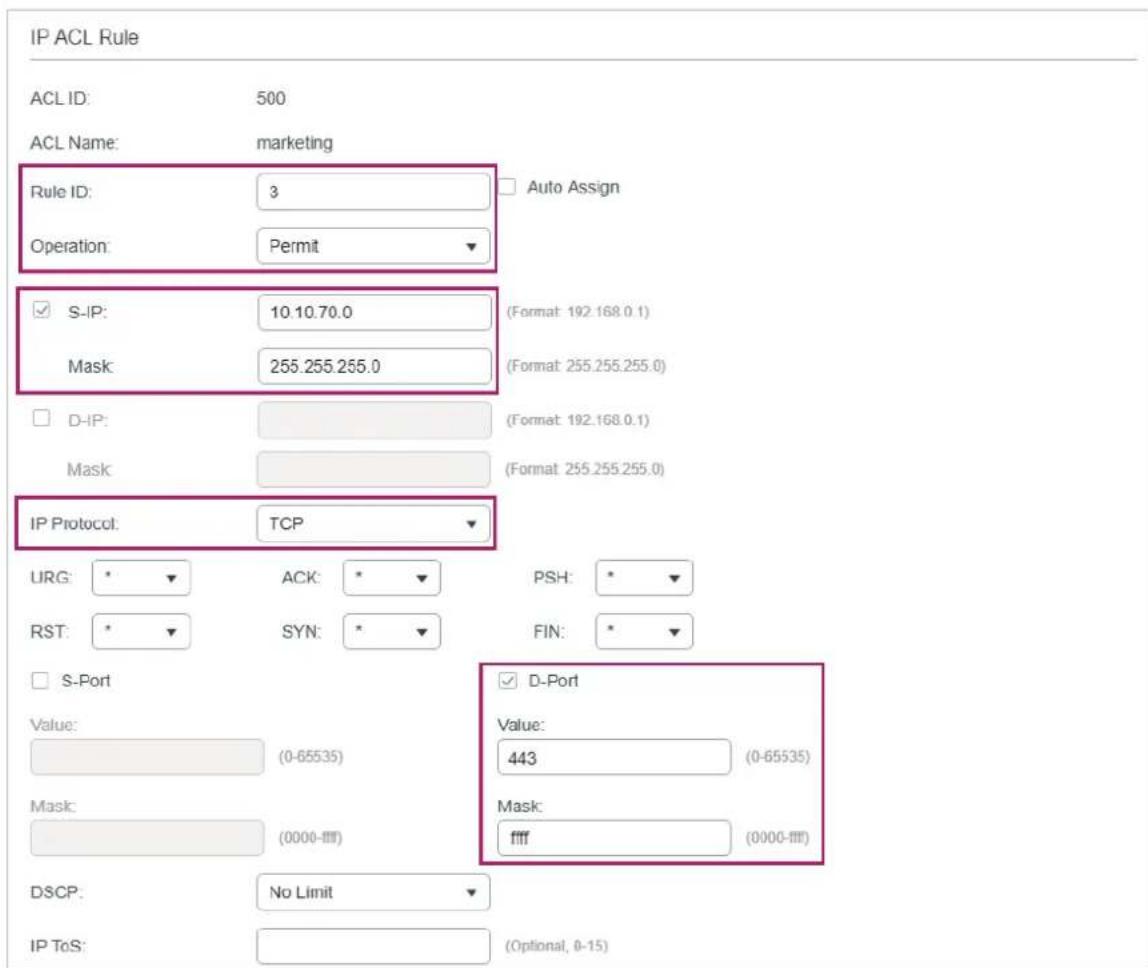TP-LINK Omada TL-SG2008P - 4) Configure rule 1 to permit packets with the source IP address 10.10.70.0/24 and destination IP address 10.10.80.0/24. - 3