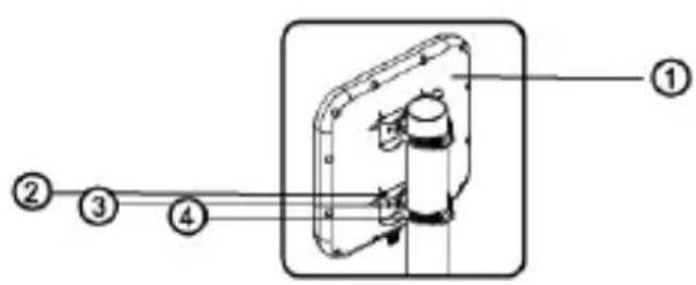 Technical diagram of a mechanical device with numbered components labeled ① to ④
